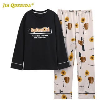 

Black Top Spring Autumn Letter Printing Long Sleeve Long Pants Sleepwear Fashion Style Casual Style Sleepwear Pajamas Set Pj Set