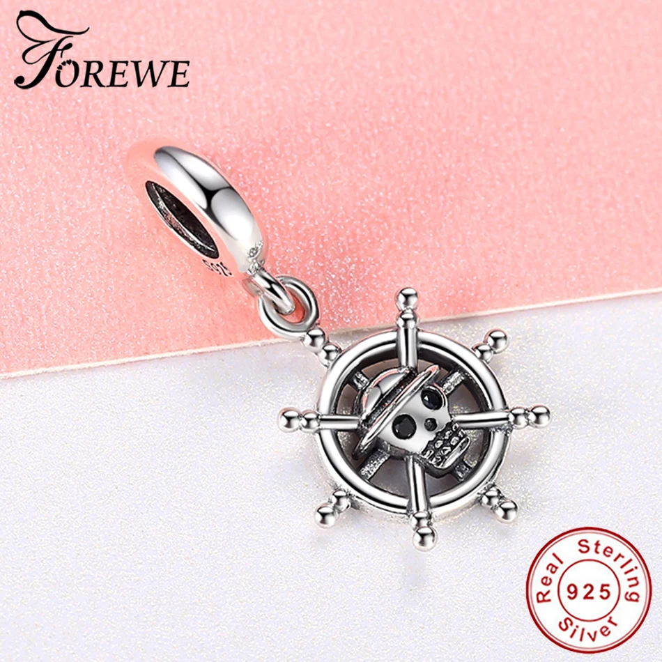 Forewe 925 Sterling Silver Classic Rudder Skull Charms Beads fit Women Bracelets& Necklaces DIY Jewelry Making