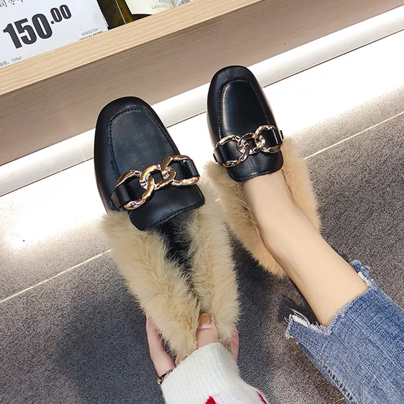winter warm slip-on moccasins long plush square toe metal chain flats loafers luxury furry rabbit hair lazy espadrilles footwear 6