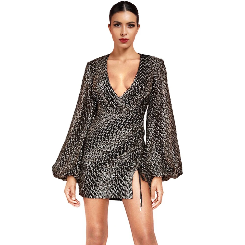 Ocstrade черный V шеи с длинным рукавом Мини жаккард галстук Bodycon платье HI1115-Black