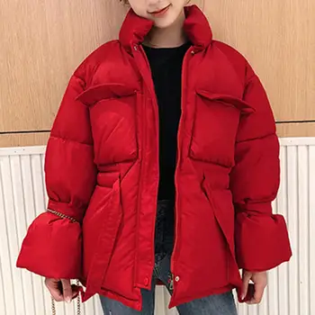 

Womens Long Puff Sleeve Stand Collar Multi Pockets Waist Drawstring Cotton Coat Thick Warm Female Jacket Ladies