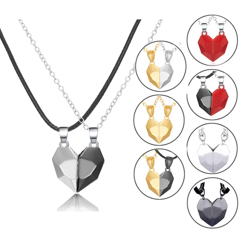 2Pcs Heart Magnetic Couple Necklace for Women Faceted Magnet Pendant Distance Wishing Stone Valentine's Day Gift |