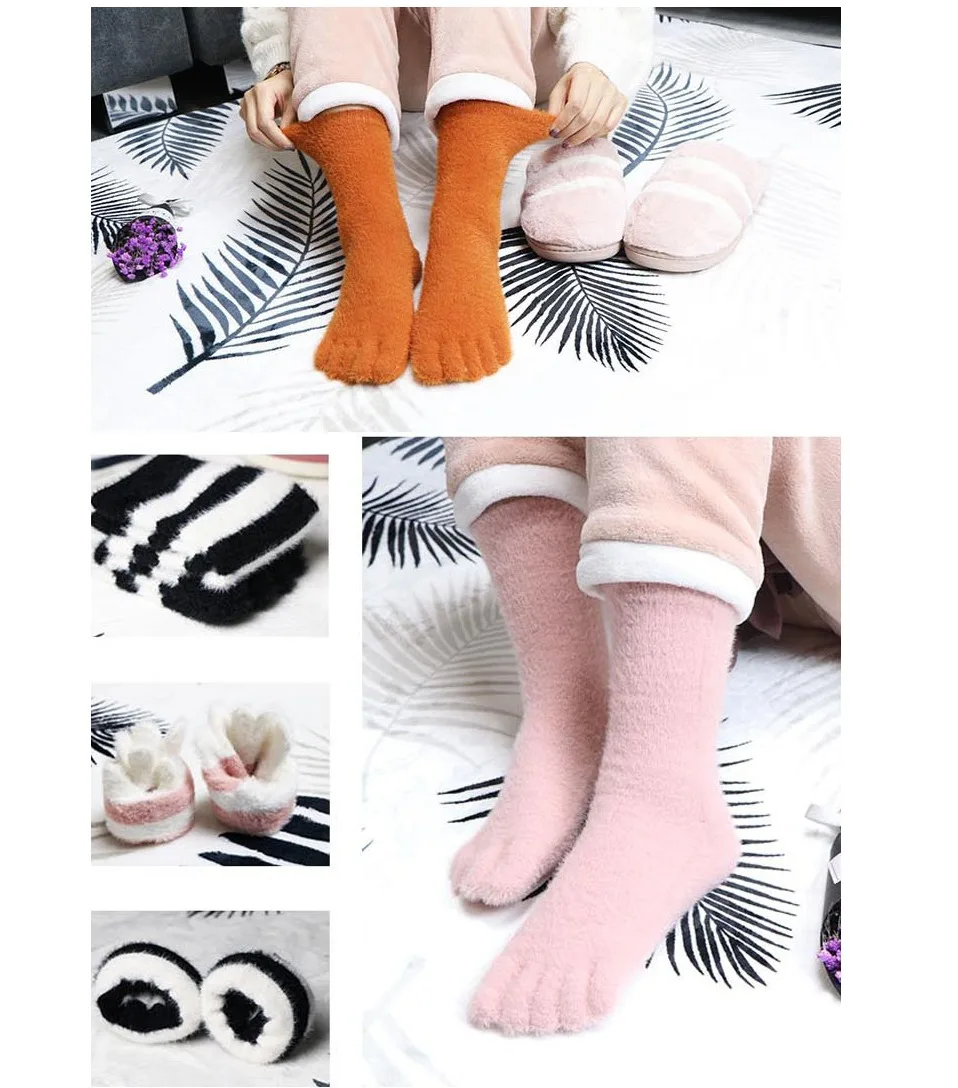 fluffy socks Women's Thick Five Finger Socks Winter Warm Coral Fleece Fluffy Toe Socks Striped Soft Cozy Hosiery Girls Female Floor Slippers ugg socks