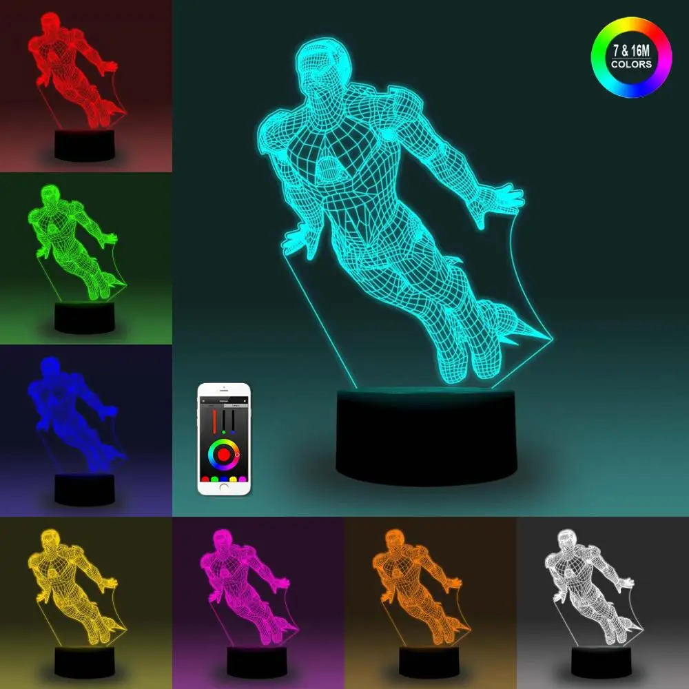 NiteApps 3D Летающий Железный человек ночник настольная Иллюзия украшение лампа подарок на день рождения приложение/сенсорное управление
