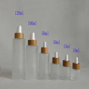 

1 oz 2 oz 4 oz bamboo pump/dropper empty frosted round glass bottles for cosmetics Luxury glass lotion bottle with bamboo pump