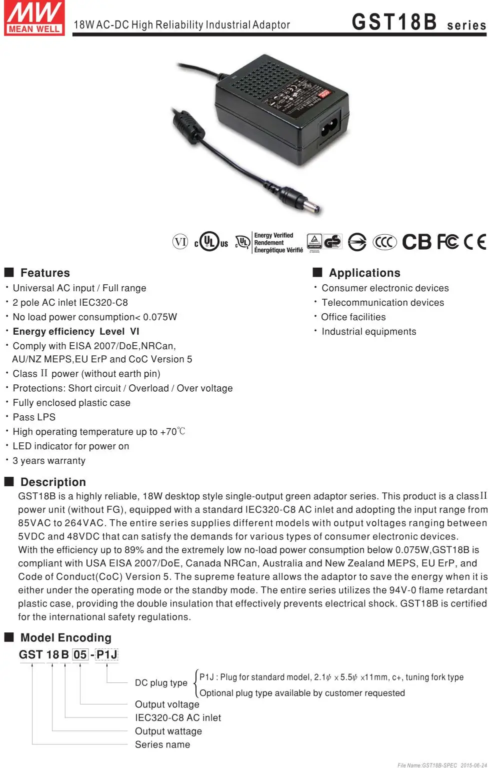 [Seven Neon] MEAN WELL оригинальная GST18B-P1J серия AC-DC промышленный драйвер Высокая эффективность 3 штекера импульсный источник питания