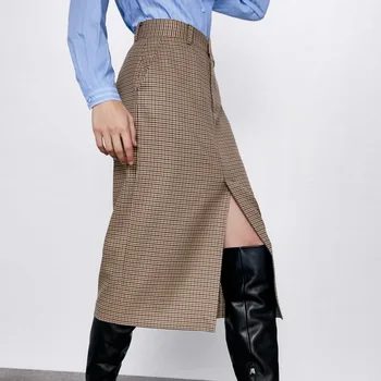 

2020 Spring New Skirt Zipper Fly Plaid Pattern Women Mid-Calf Skirts