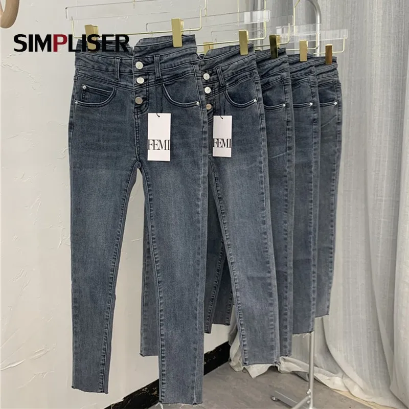 Liquidación Pantalones vaqueros de diseño de marca para mujer, mallas ajustadas de cintura alta, pantalones vaqueros ceñidos, lápiz gris, 2021 zWzKEMQa6r6