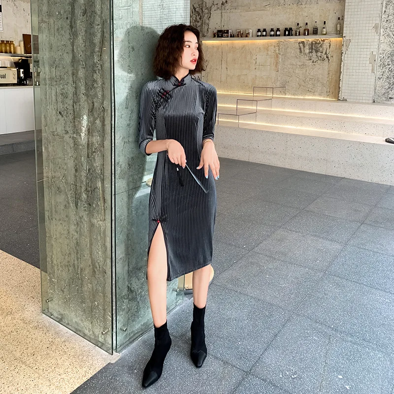До колена Cheongsam элегантное улучшенное Qipao Vestidos Размер S-2XL винтажное бархатное женское вечернее платье