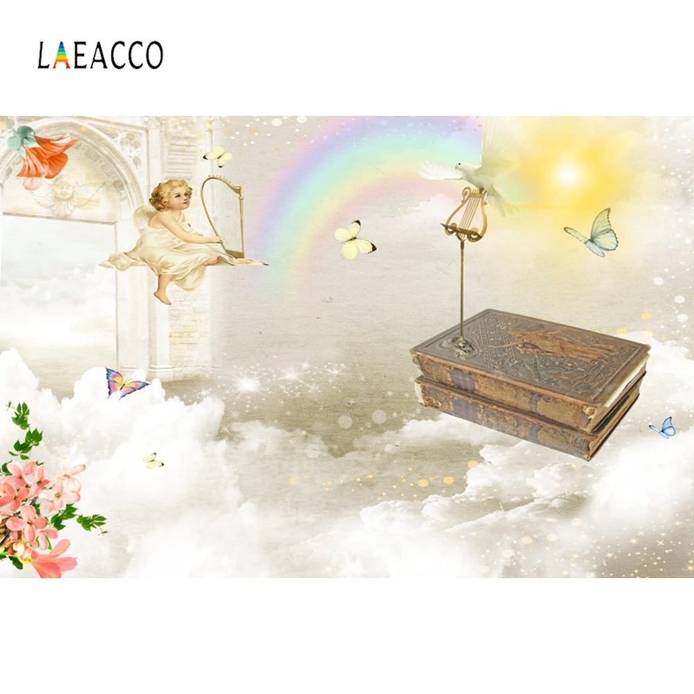 Laeacco Heaven Angel Bible Photography Backdrops Rainbow Clouds Flowers Photo Backgrounds Baby Shower Portrait Child Photophone |