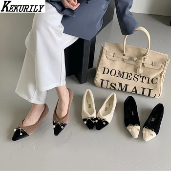

Autumn Winter Ballet Flats Women Bow-kont Fur Loafers Pointed Toe Flats Shoes Mixed Color Furry Slides Casual Zapatos De Mujer