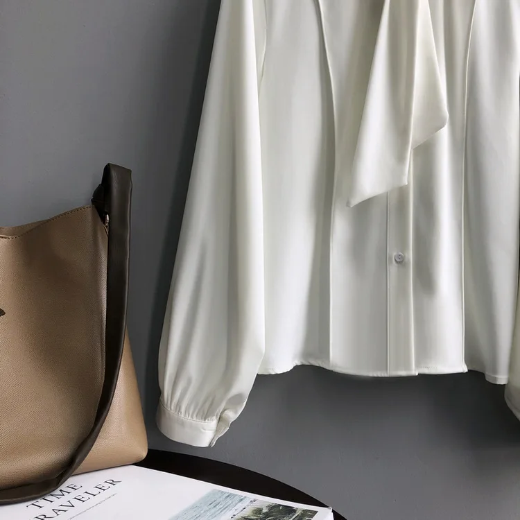 Шифоновая рубашка с бантом для женщин, Blusas Mujer De Moda, Корейская Осенняя модная шифоновая блузка с длинным рукавом, свободная элегантная женская блузка