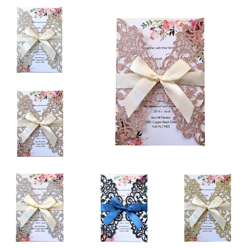 Original 10pcs Gold Silver Glitter Paper Laser Cut Wedding Invitation Card With Ribbon Personalized - 4000207447204