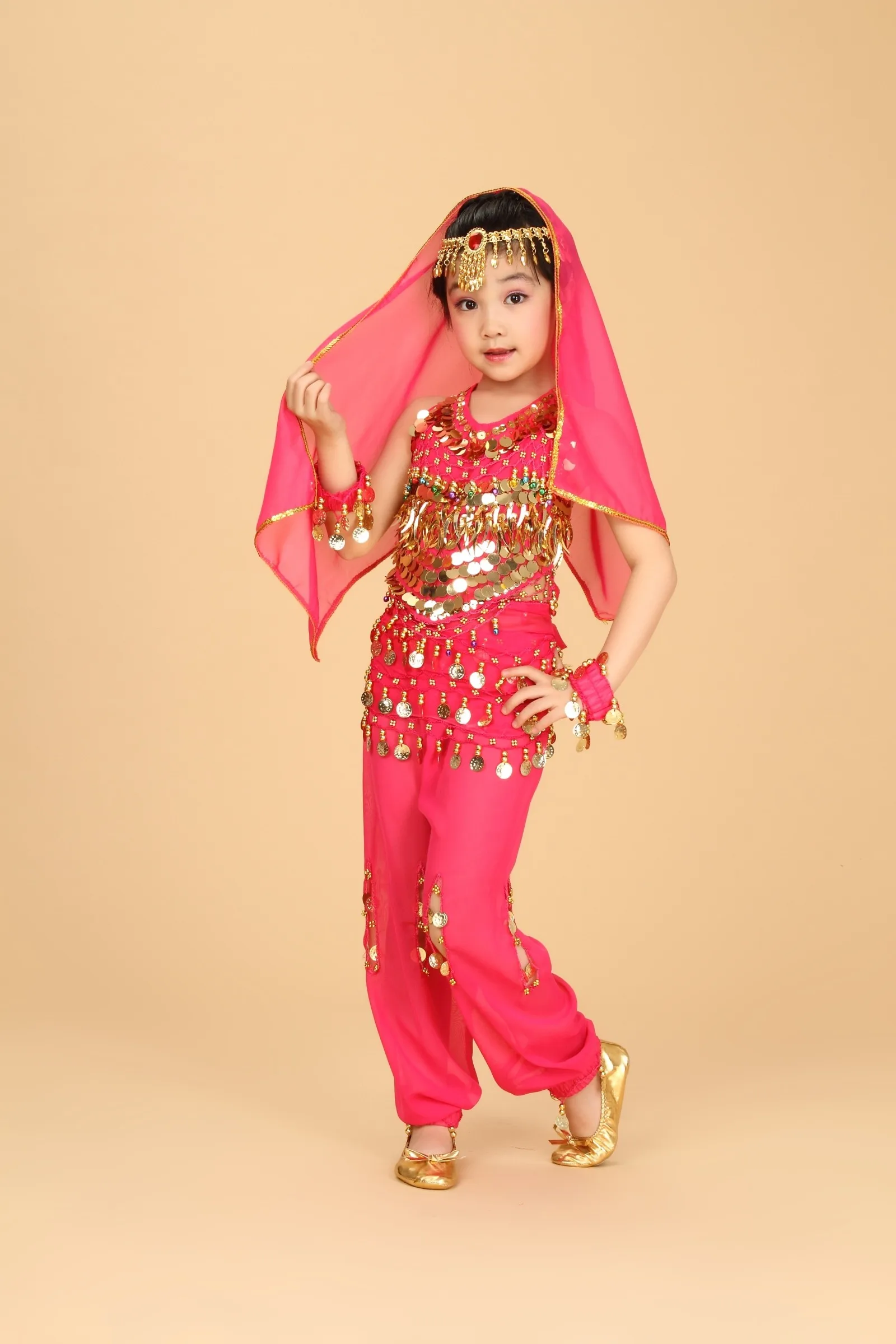 Детский костюм для танца живота, Индийский Болливуд, Восточный Египетский танец живота, платье для девочек, топ для танца живота, штаны, 6 цветов