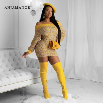 

ANJAMANOR Sexy Yellow Knit Bodycon Sweater Dress Spring 2020 Off Shoulder Long Sleeve Mini Dress Club Dresses for Women D48-AE74