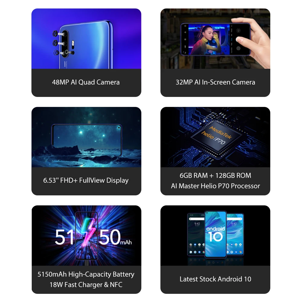UMIDIGI F2 телефон Android 10 глобальная версия 6,5" FHD+ 6 ГБ 128 ГБ 48MP AI Quad камера 32 МП Selfie Helio P70 мобильный телефон 5150 мАч NFC