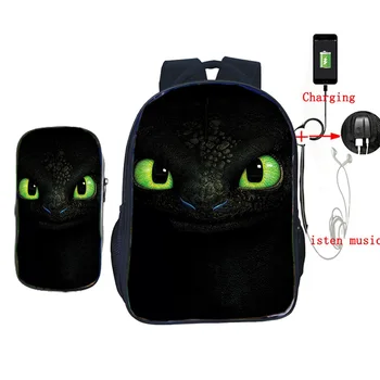 

How to Train Your Dragon 2 Pcs Set Children School Bags for Boys Girls Pencil Case USB Charging School Backpack