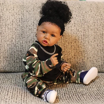 

UCanaan Reborn Baby Doll 55CM Full Silicone Vinyl Toddler Dolls Black Skin With Camouflage Clothes Set Children Bebe Toys