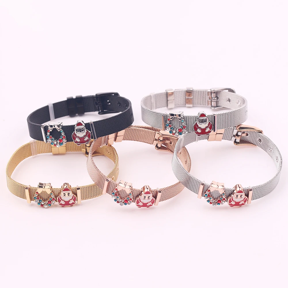 

High Quality Mesh Bracelet Set Stainless Steel Bracelet Crystal Santa Claus Charm Brand Bracelet for Woman Valentines Gift