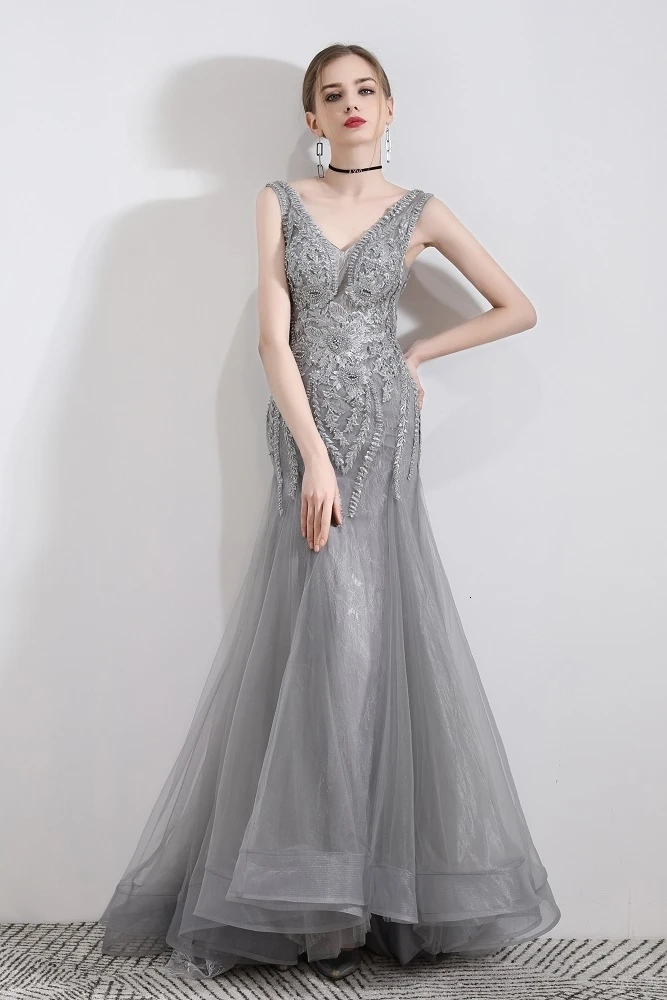 BacklakeGirls Avondjurken Met Parel глубокий Vneck без рукавов Тюль Русалка вечернее платье на шнуровке с открытой спиной