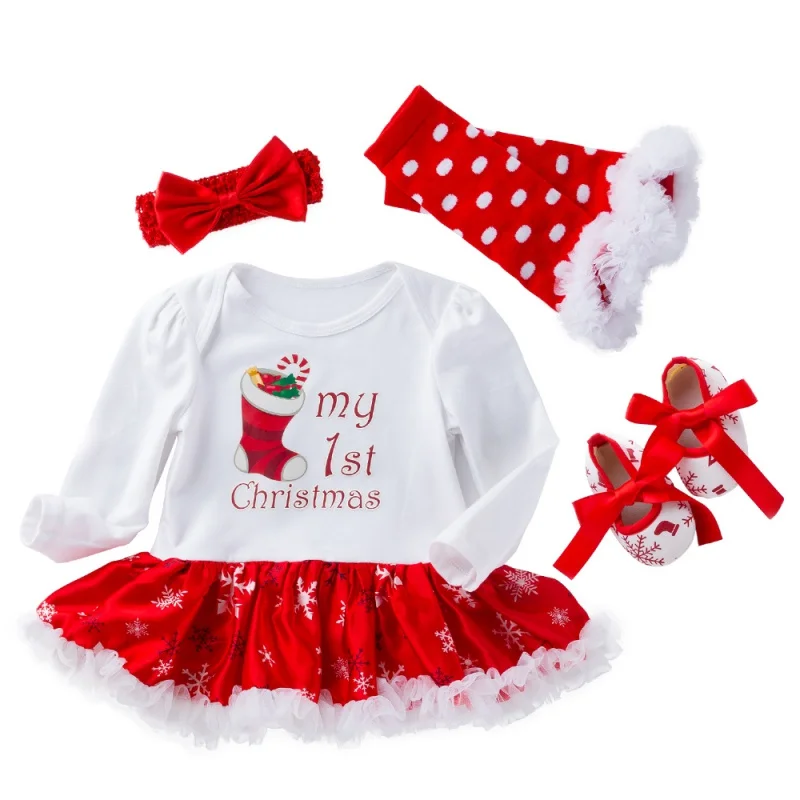 4Pcs First Christmas Baby Romper Tutu Dress Set Newborn Baby Girl Clothes Gown Party Dress+Headband+Shoes+Leg warmer