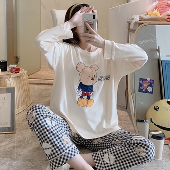 

Cotton Pajamas Women Sleepwear Spring Fall Pyjamas Cartoon Nighty Loose Version Pajamas Plus Size XXL Pullover