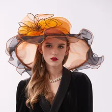 Свадебная шляпа Eugen пряжа Оранжевый Коралловый цветок шляпка невесты складные карнизы песчаный пляж Синий Летняя шляпа Марля формальная розовая шляпа