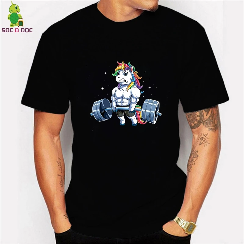 

Men's T Shirt Unicorn Weightlifting T-shirt Fitness Gym Deadlift Rainbow prints Short Streetwear O-Neck Tshirt Camisetas Hombre