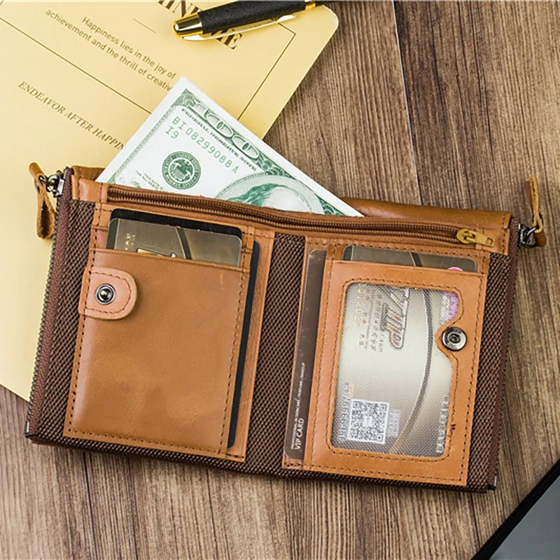 Leather Men Wallets Short Credit Business Card Holders Double Zipper Wallet Purse
