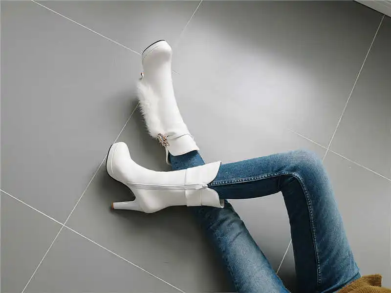 Smirnova/модные ботинки до середины икры, большие размеры 34-43 женские ботинки на молнии, на высоком каблуке, Осень-зима женские ботинки на платформе с искусственным мехом, новинка года