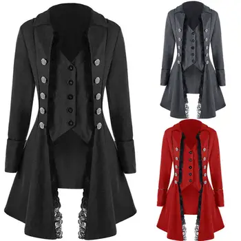 

Women Retro Lace Long Sleeve Button Tailcoat Party Costume Medieval Coat Jacket Breasted Gothic Victorian Frock Coat Cosplay