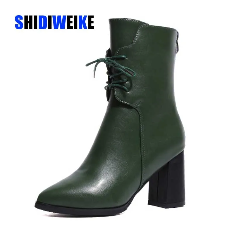 Pointed Toe Women's Boots Green Plush Ankle Keep Warm Winter For Women Autumn High Heel Metal Zipper Leather | Обувь