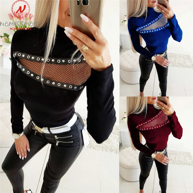 Elegant Lady Sweaters Corn Eye Patchwork Design Lace Decor See Through High Collar Long Sleeve Solid Slim Streetwear Shirts