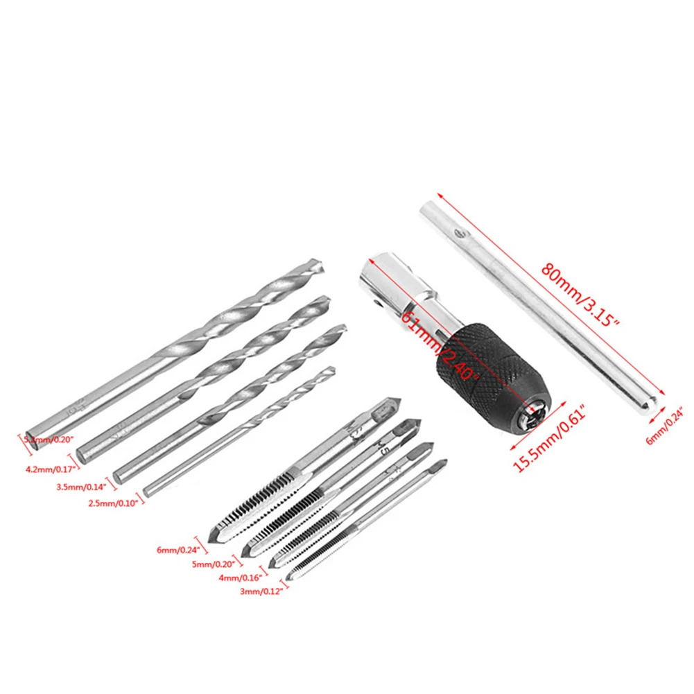 

9pcs Tap Set Chuck Metric M3-M6 Series Steel Thread Cutter Rotary Tool Kit Repair Accessories