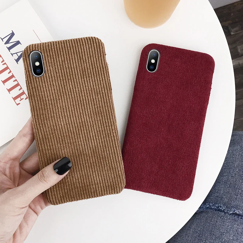 Ottwn Phone Case For iPhone 11 X XR XS Max Corduroy Cloth Texture Case For iPhone 6 6s 7 8 Plus Warm Fabric Fuzzy Soft PU Cover