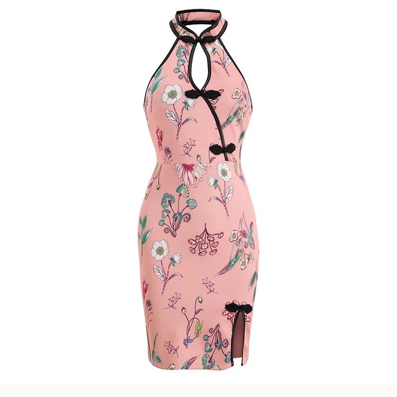 Китайское платье, элегантное, женское, без рукавов, qipao, с вырезом, с цветочным принтом, cheongsam, для девушек, вечерние, для клуба, сексуальное, короткое, qipao