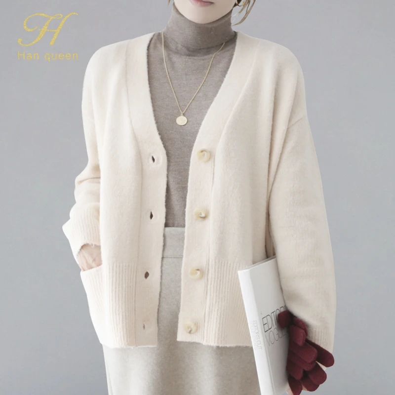 

H Han Queen Women's Sweaters Autumn Winter 2019 fashion Casual V-Neck Cardigans Single Breasted Loose Long Sleeve