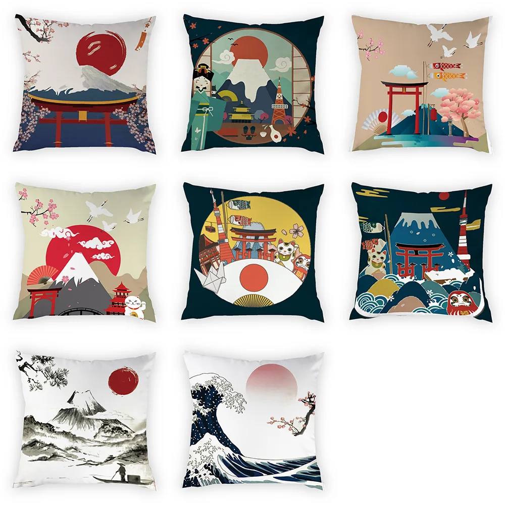

Japanese Landscape Peach Skin Pillow Cover 45*45cm Fuji Mountain Decorative Pillowcase