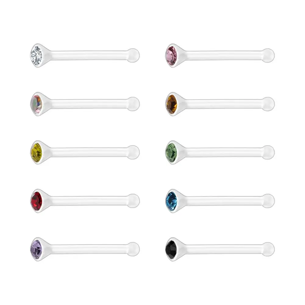 10PCS/Lot 20g CZ Crystal Nose Piercing Set Acrylic Plastic Nose Studs Rings Retainer Bone L Shape Nose Piercing Jewelry
