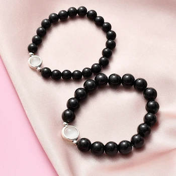 

Natural Stone Beads Black Agat Bracelet Onyx Stone Beads Charms Bracelets white Women Friend Gift 8mm 925 Silver Jewelry