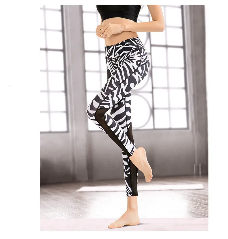 Women Yoga Pants Zebra Sports Leggings Elastic Stretchy Jogging Gym Fitness Leggings Seamless Tummy Control Compression Tights