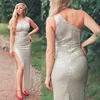 One Shoulder Silver Navy Stretchy Party Dress Sequin Hollow Out Split Leg Floor Length Bydocon Long Dresses ► Photo 3/6