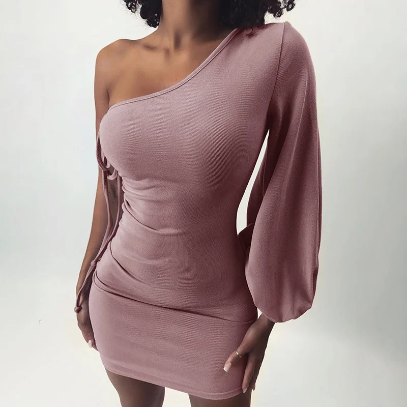 Dulzura на одно плечо длинное фонари рукавами мини-платье облегающее обтяжку