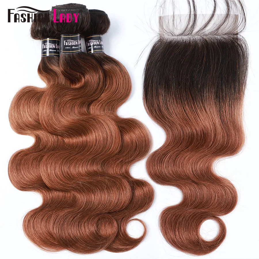 Fashion Lady Pre-Colored Ombre Bundles With Closure Brown T1b/30 Brazilian Body Wave Hair Bundles With Closure Non-Remy
