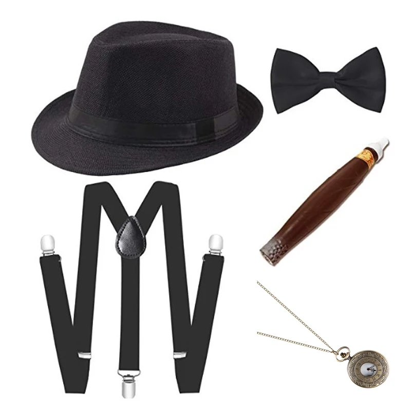 1920S Mens Great Gatsby Accessories Set Roaring 20s 30s Retro Gangster Costume tie hat greek goddess costume Cosplay Costumes