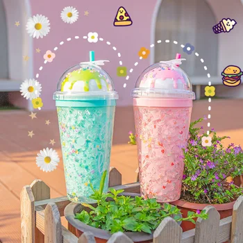 

Summer Broken Ice Cup Cute Ice Cream Water Bottle With Straw Creative Double Layer Anti fall Plastic Water Cup Drinking Bottles