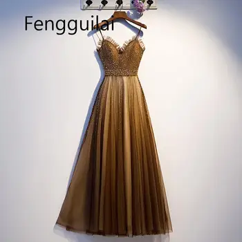 

FENGGUILAI Sexy Sequins Dress 2020 High Quality Tulle Applique Beading Formal Prom Party Long Gold Dresses Vestido De Festa 5XL