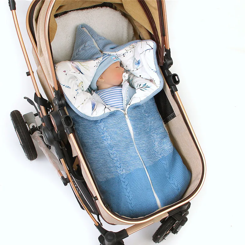 Baby stroller sleeping bag Winter Newborn Baby Warm Cartoon Knitt Swaddle Hooded Stroller Wrap Sleeping Bag#4O22