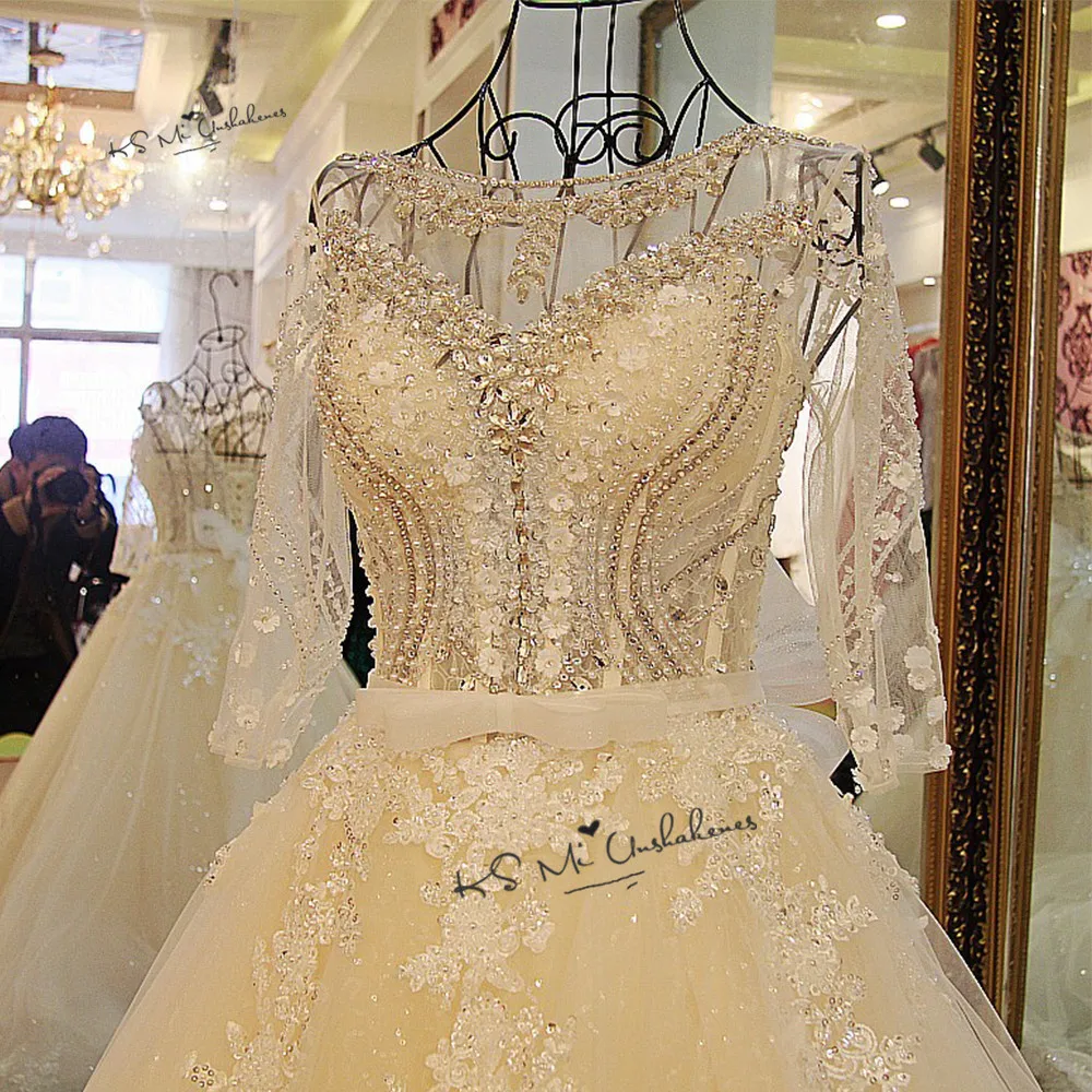 Роскошное свадебное платье цвета слоновой кости, Vestidos de Noiva de Luxo,, кружевное свадебное платье с длинным рукавом и кристаллами, платье невесты, блестящее платье с блестками