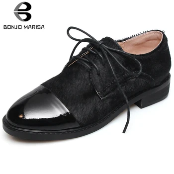

BONJOMARISA 33-42 Ladies Brand New Genuine Leather Pumps Women 2020 Fashion Horsehair Pumps Patchwork Low Heel Shoes Woman